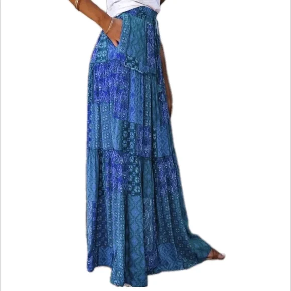 Boho Maxi Skirt Blue Patchwork Print 70s Hippie Style - Picture 4 of 9